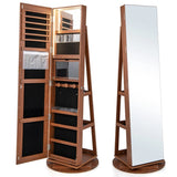 360 Rotating Mirrored Jewelry Cabinet Armoire 3 Color LED Modes Lockable-Dark Brown