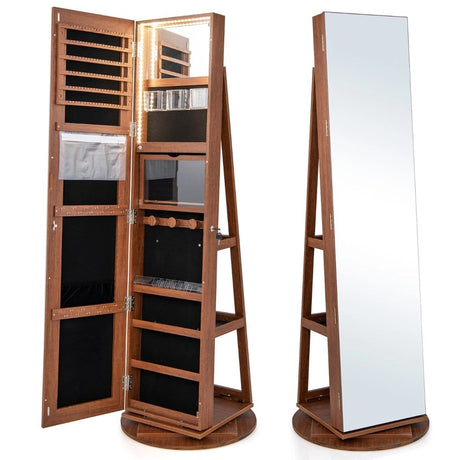 360 Rotating Mirrored Jewelry Cabinet Armoire 3 Color LED Modes Lockable-Dark Brown