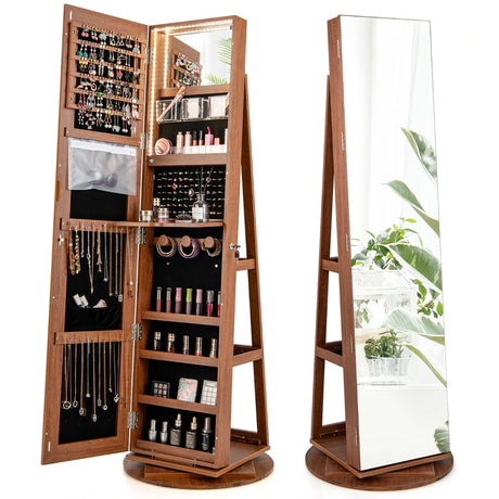 360 Rotating Mirrored Jewelry Cabinet Armoire 3 Color LED Modes Lockable-Dark Brown