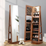 360 Rotating Mirrored Jewelry Cabinet Armoire 3 Color LED Modes Lockable-Dark Brown