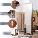 360 Rotating Mirrored Jewelry Cabinet Armoire 3 Color LED Modes Lockable-Dark Brown