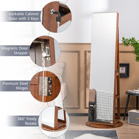 360 Rotating Mirrored Jewelry Cabinet Armoire 3 Color LED Modes Lockable-Dark Brown