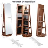 360 Rotating Mirrored Jewelry Cabinet Armoire 3 Color LED Modes Lockable-Dark Brown