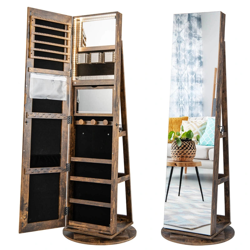 360 Rotating Mirrored Jewelry Cabinet Armoire 3 Color LED Modes Lockable-Brown