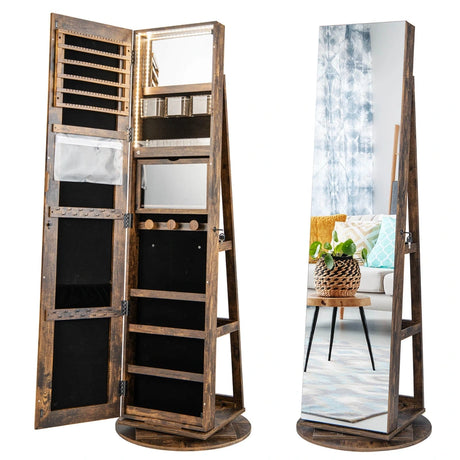 360 Rotating Mirrored Jewelry Cabinet Armoire 3 Color LED Modes Lockable-Brown