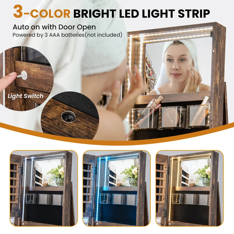 360 Rotating Mirrored Jewelry Cabinet Armoire 3 Color LED Modes Lockable-Brown