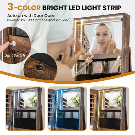 360 Rotating Mirrored Jewelry Cabinet Armoire 3 Color LED Modes Lockable-Brown