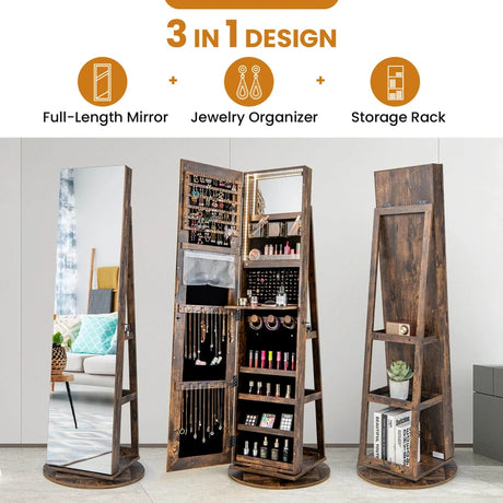 360 Rotating Mirrored Jewelry Cabinet Armoire 3 Color LED Modes Lockable-Brown