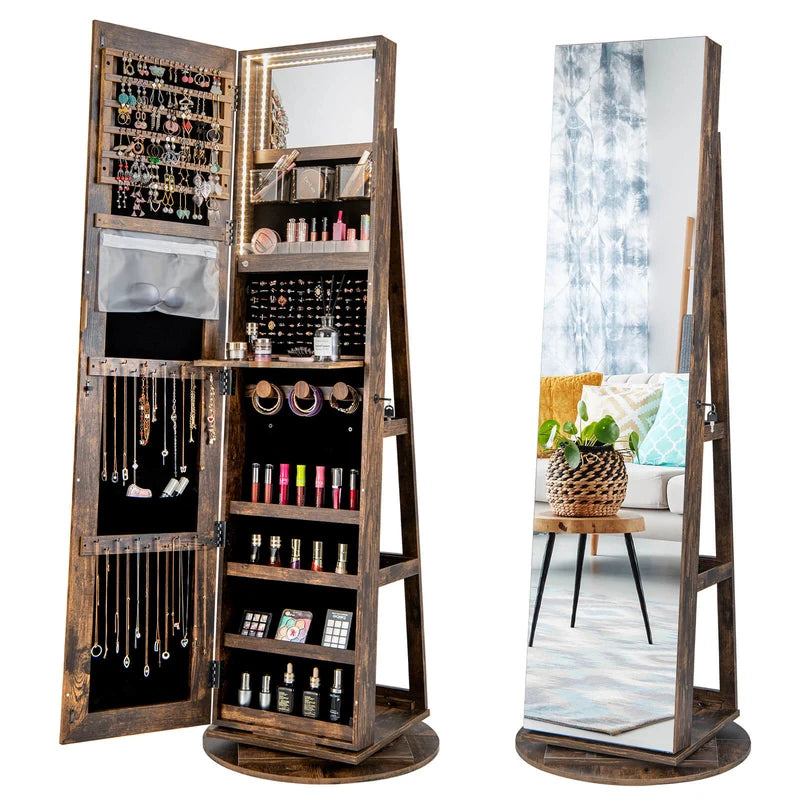 360 Rotating Mirrored Jewelry Cabinet Armoire 3 Color LED Modes Lockable-Brown