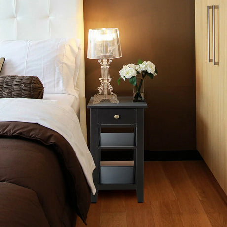 3-Tier Nightstand Bedside Table Sofa Side with Double Shelves Drawer-Black