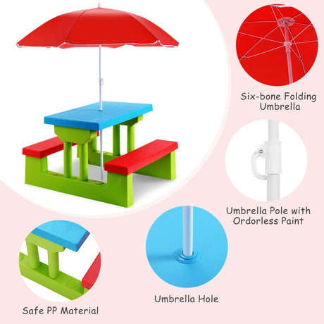 Kids Picnic Folding Table and Bench with Umbrella