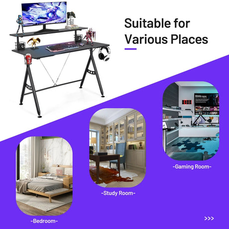 E-Sports Gaming Desk with Monitor Shelf and Cup Holder
