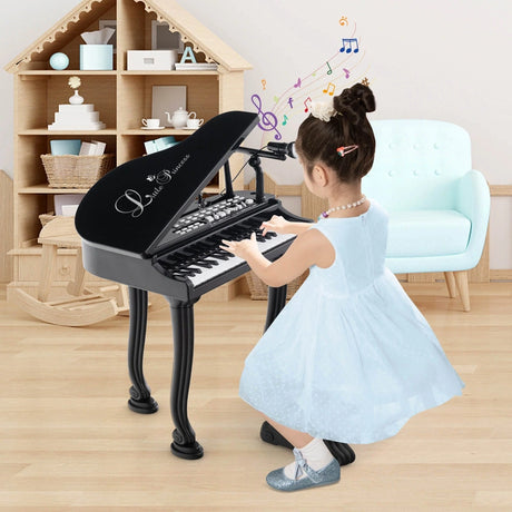 37 Keys Kids Piano Keyboard with Stool, Microphone and Piano Lid-Black