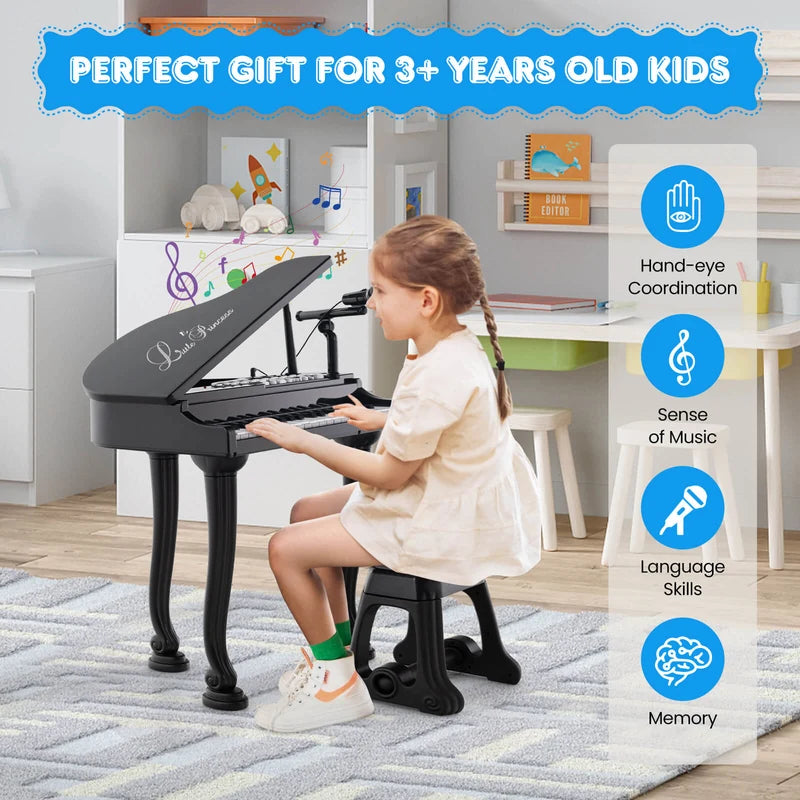 37 Keys Kids Piano Keyboard with Stool, Microphone and Piano Lid-Black