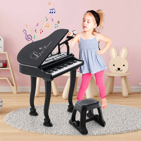 37 Keys Kids Piano Keyboard with Stool, Microphone and Piano Lid-Black