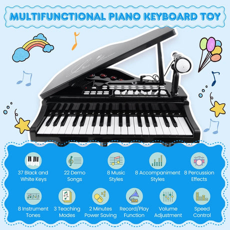 37 Keys Kids Piano Keyboard with Stool, Microphone and Piano Lid-Black