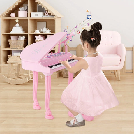 37 Keys Kids Piano Keyboard with Stool, Microphone and Piano Lid-Pink