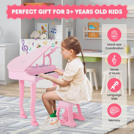 37 Keys Kids Piano Keyboard with Stool, Microphone and Piano Lid-Pink