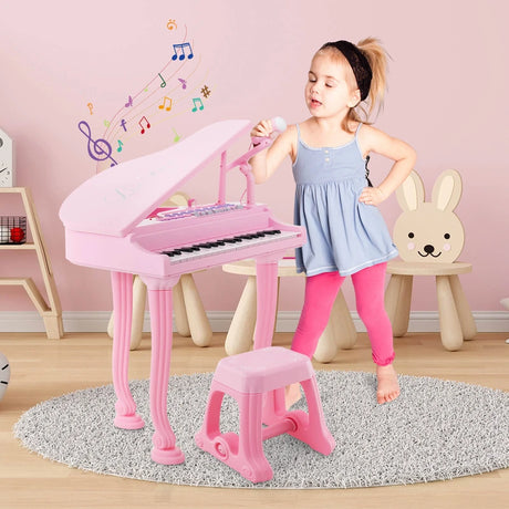 37 Keys Kids Piano Keyboard with Stool, Microphone and Piano Lid-Pink