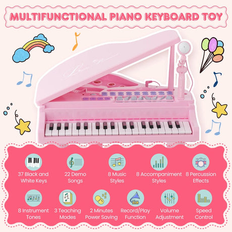 37 Keys Kids Piano Keyboard with Stool, Microphone and Piano Lid-Pink