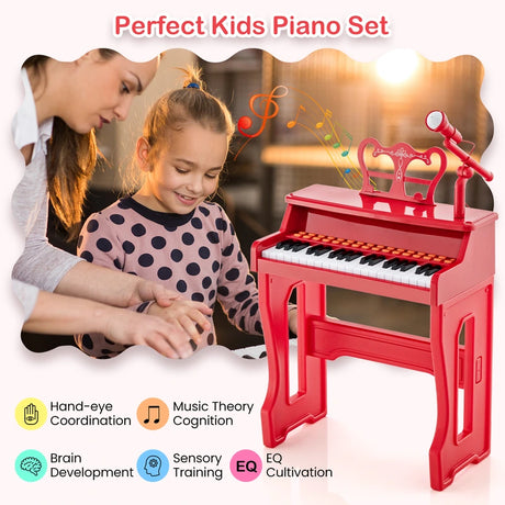 37 Keys Music Piano with Microphone Kids Piano Keyboard with Detachable Music Stand-Red