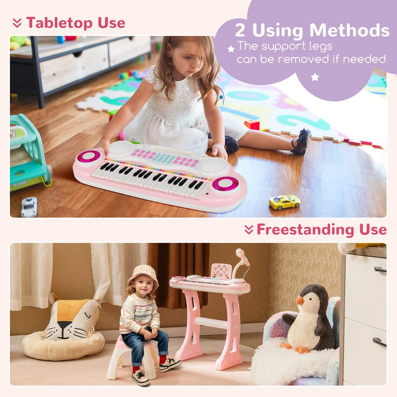 37 Keys Electronic Kids Piano Toy with Detachable Legs and Stool-Pink