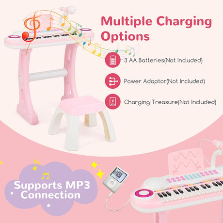 37 Keys Electronic Kids Piano Toy with Detachable Legs and Stool-Pink