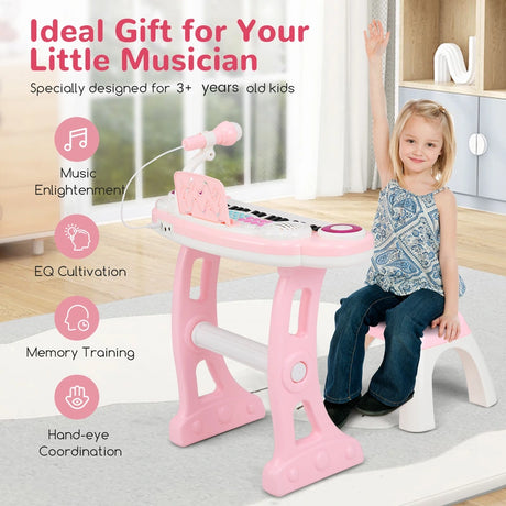37 Keys Electronic Kids Piano Toy with Detachable Legs and Stool-Pink
