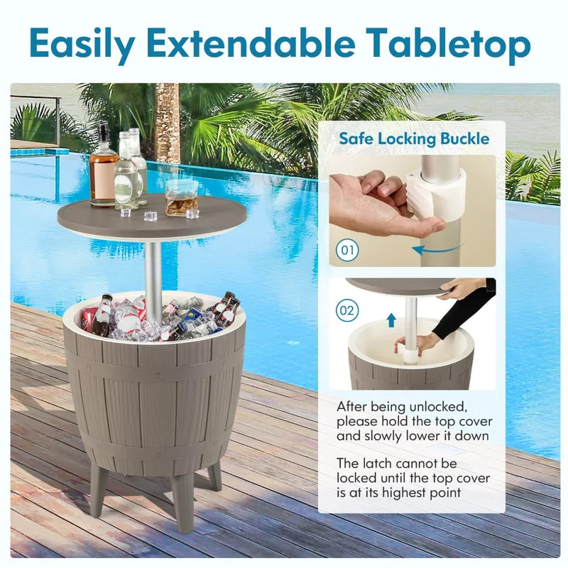 10 Gallon Cooler Bar Table Outdoor Coffee Table Ice Bucket with Telescopic Tabletop for Beer and Wine-Brown
