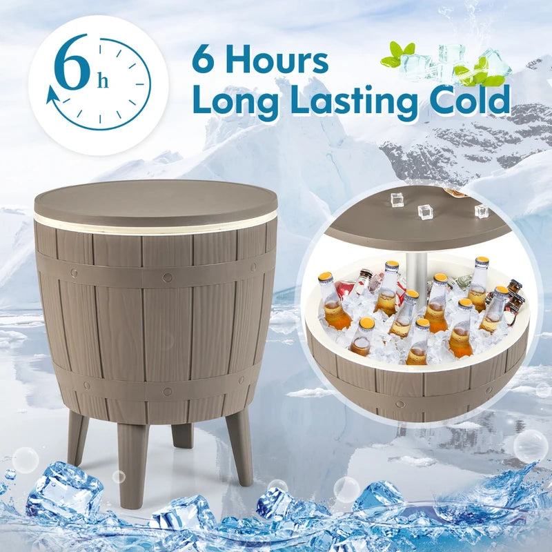 10 Gallon Cooler Bar Table Outdoor Coffee Table Ice Bucket with Telescopic Tabletop for Beer and Wine-Brown
