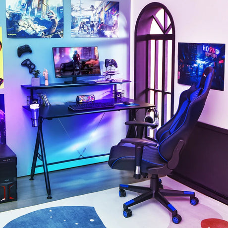 E-Sports Gaming Desk with Monitor Shelf and Cup Holder