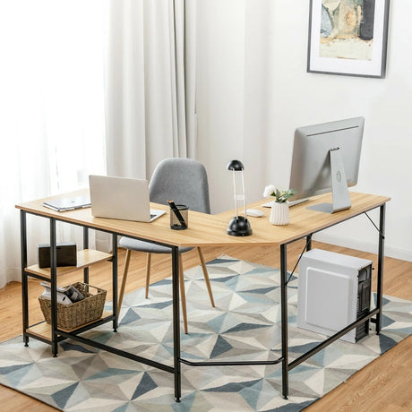 L-Shaped Corner Computer Desk with 2-Tier Storage Shelf-Natural