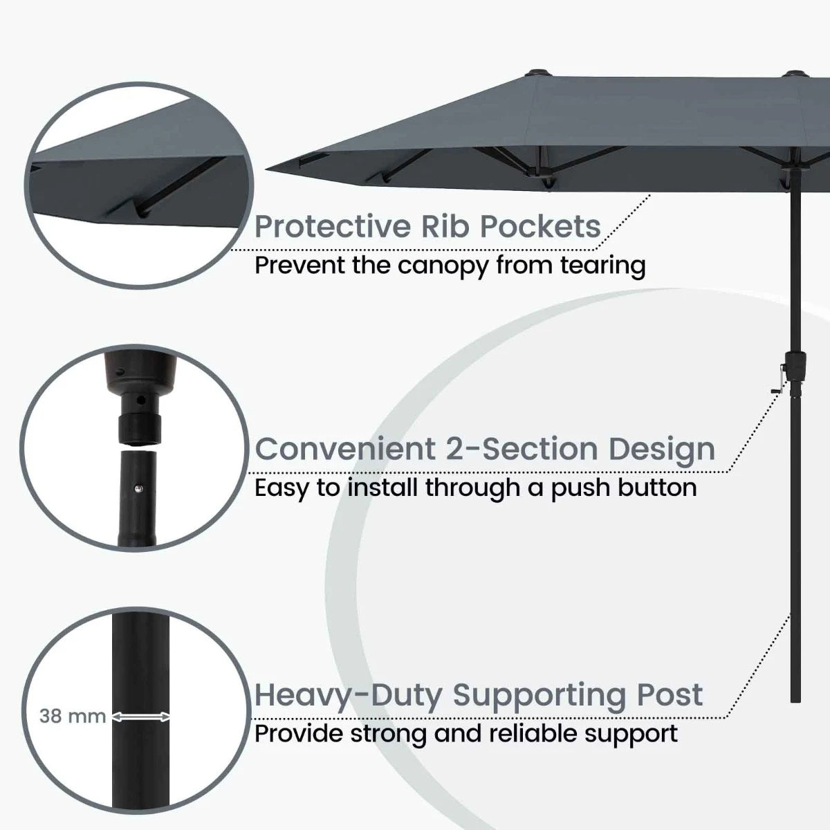 13 FT Large Patio Umbrella Outdoor Double-Sided Table Market Umbrella with Crank Handle-Gray