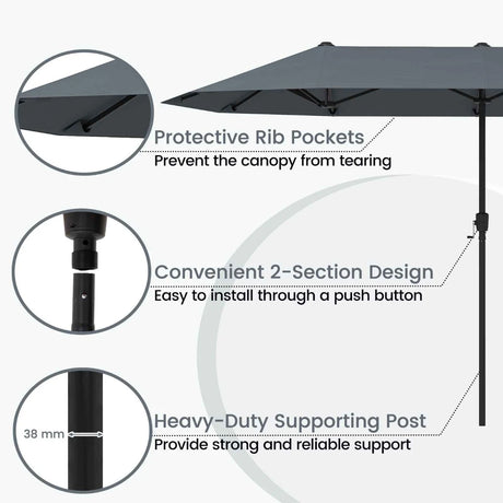 13 FT Large Patio Umbrella Outdoor Double-Sided Table Market Umbrella with Crank Handle-Gray