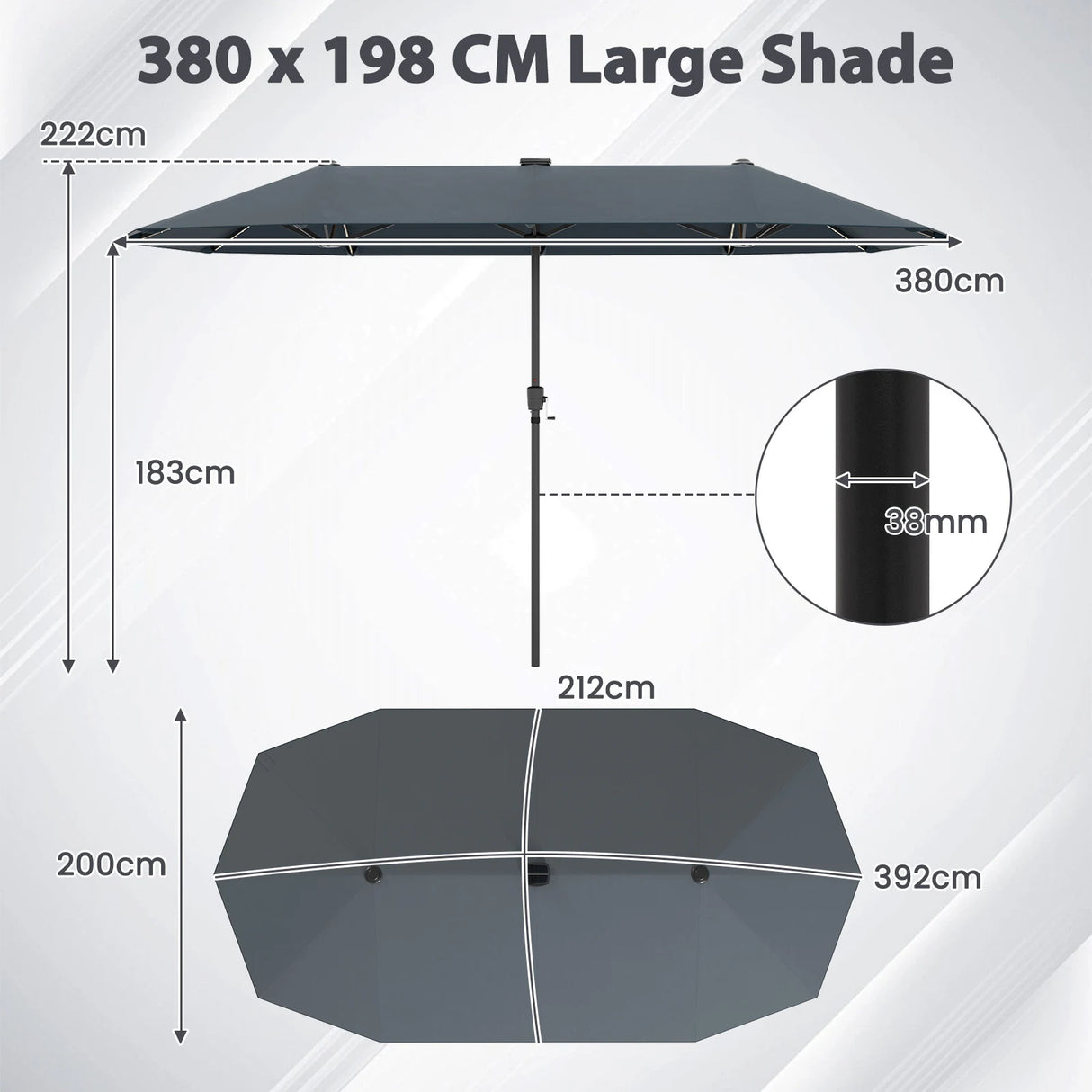 13 FT Large Patio Umbrella with LED Solar Lights and Crank Handle-Gray