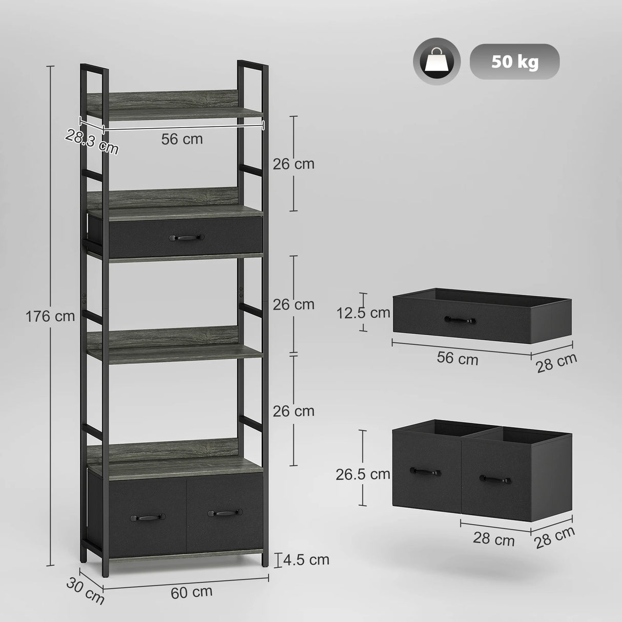 HOMCOM Industrial Bookcase, 6-Tier Tall Bookshelf with 3 Fabric Drawers - Grey