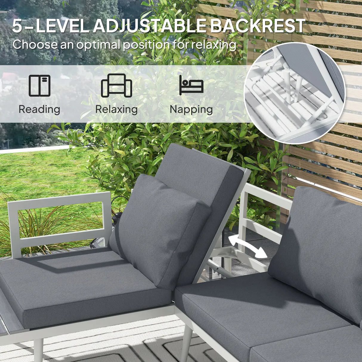Outsunny 3 Piece Garden Furniture Set with 5-Level Adjustable Lounger, L Shaped Garden Corner Sofa with Cushions, Mesh Seat, Slatted Wood-Grain Table, Outdoor Furniture Set for Conservatory, Grey