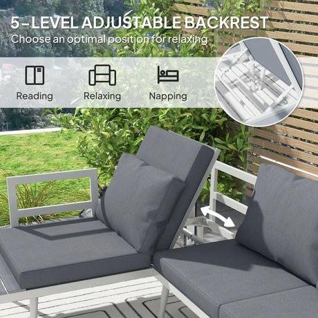 Outsunny 3 Piece Garden Furniture Set with 5-Level Adjustable Lounger, L Shaped Garden Corner Sofa with Cushions, Mesh Seat, Slatted Wood-Grain Table, Outdoor Furniture Set for Conservatory, Grey