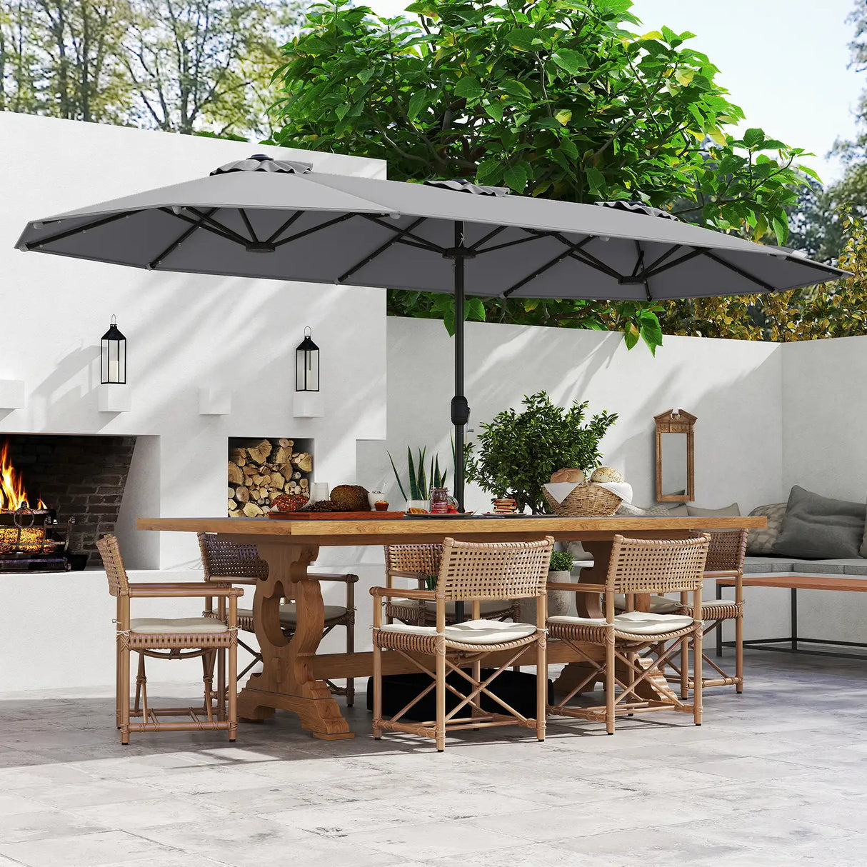 393 cm Double-Sided Patio Umbrella with Base and Solar Lights-Grey