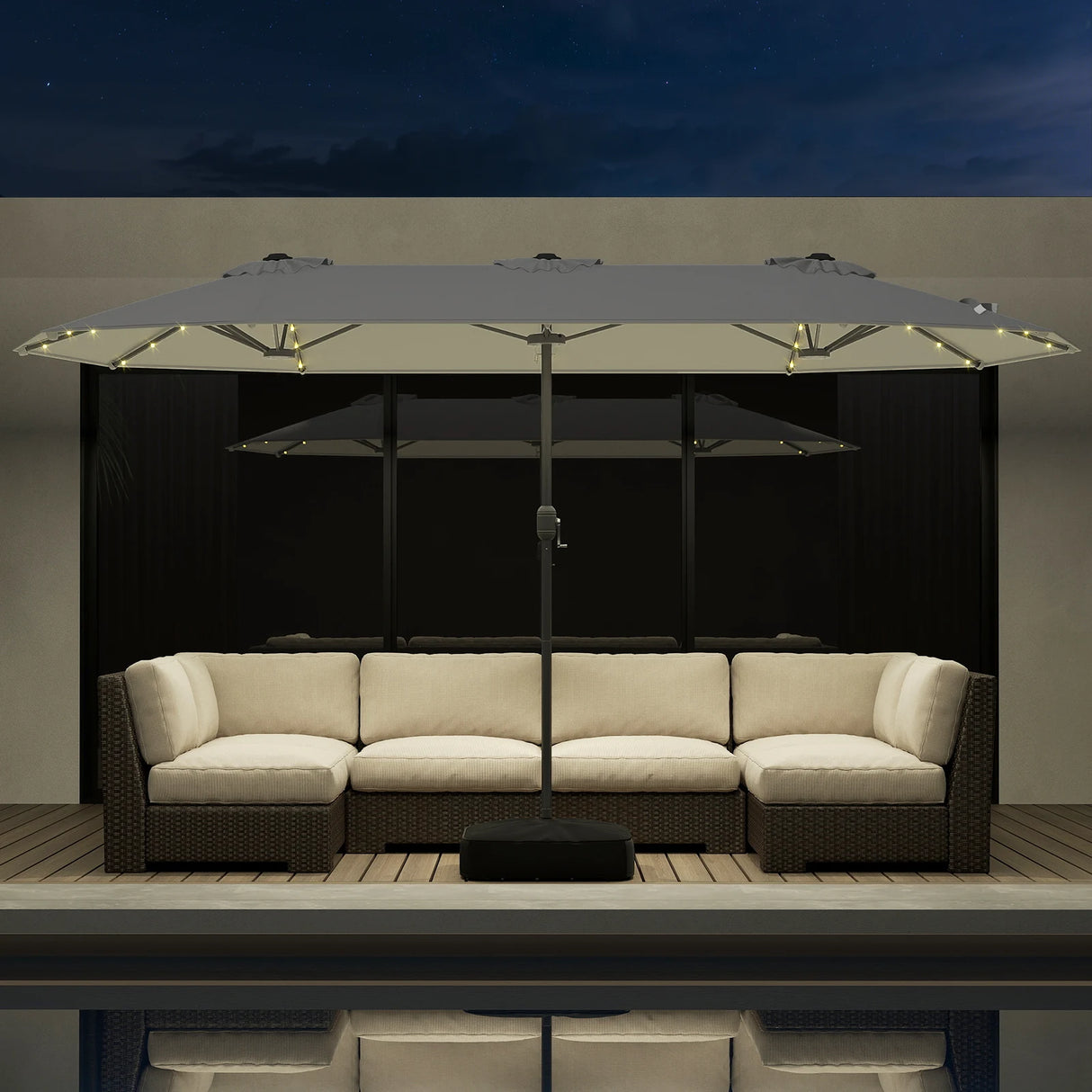 393 cm Double-Sided Patio Umbrella with Base and Solar Lights-Grey