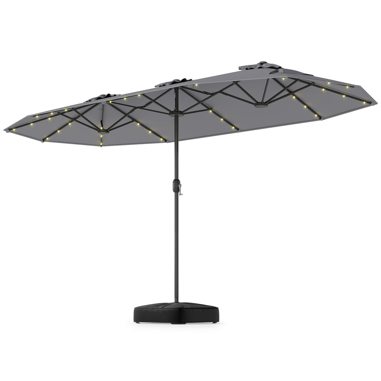 393 cm Double-Sided Patio Umbrella with Base and Solar Lights-Grey