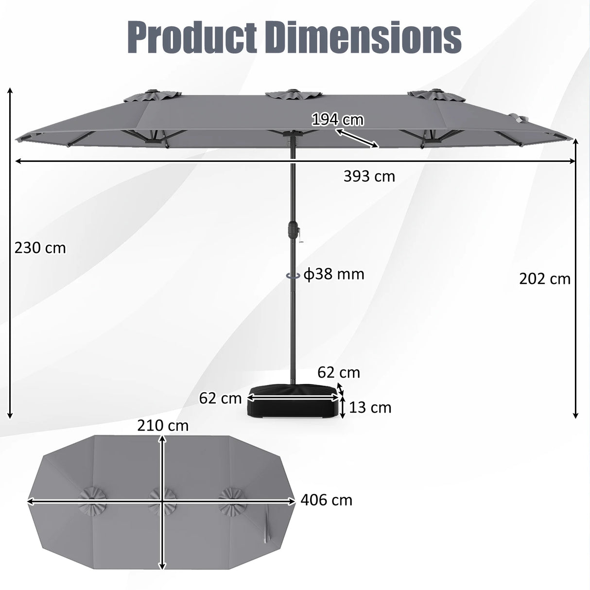 393 cm Double-Sided Patio Umbrella with Base and Solar Lights-Grey