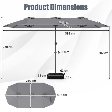 393 cm Double-Sided Patio Umbrella with Base and Solar Lights-Grey