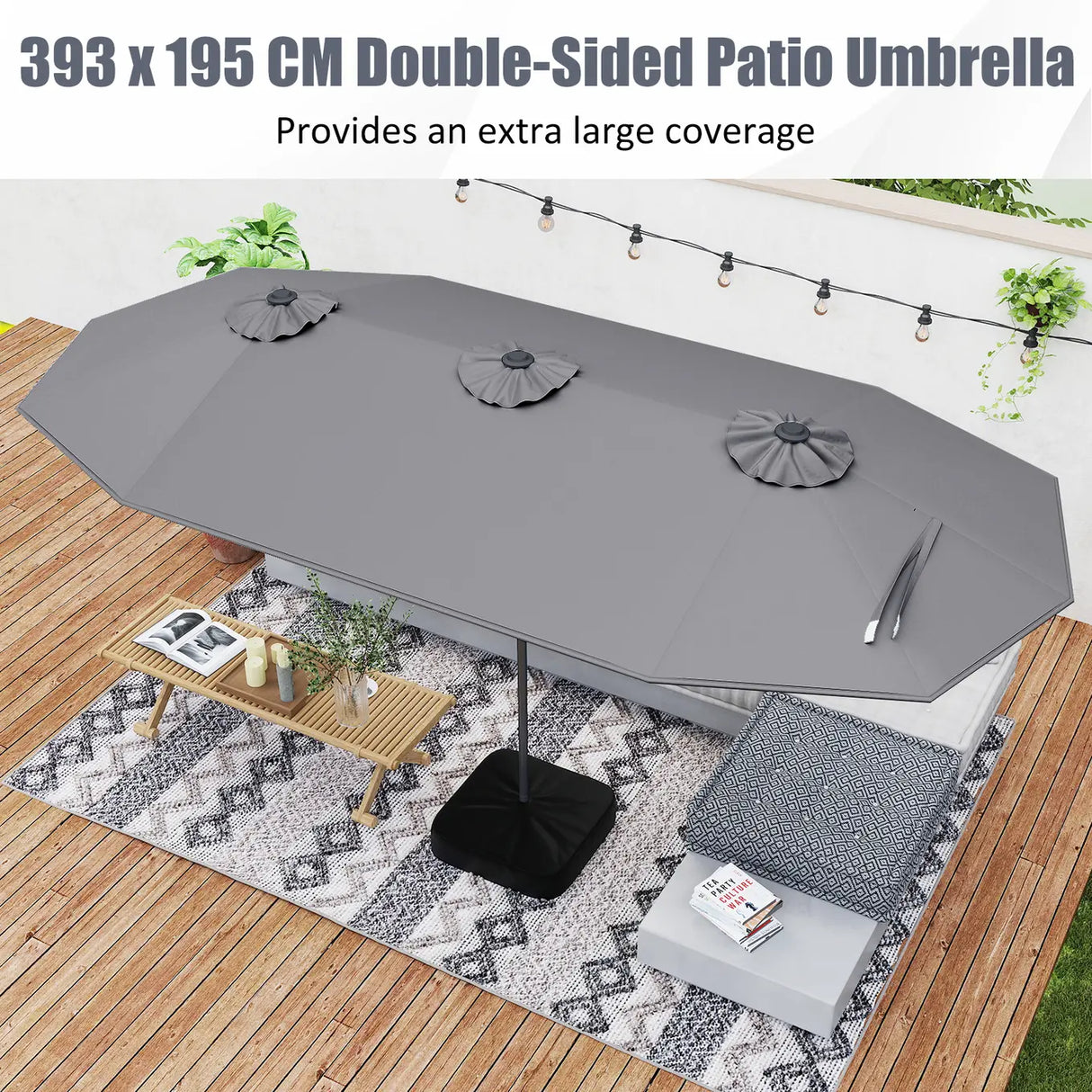 393 cm Double-Sided Patio Umbrella with Base and Solar Lights-Grey