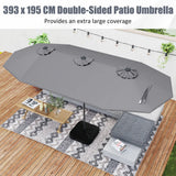 393 cm Double-Sided Patio Umbrella with Base and Solar Lights-Grey
