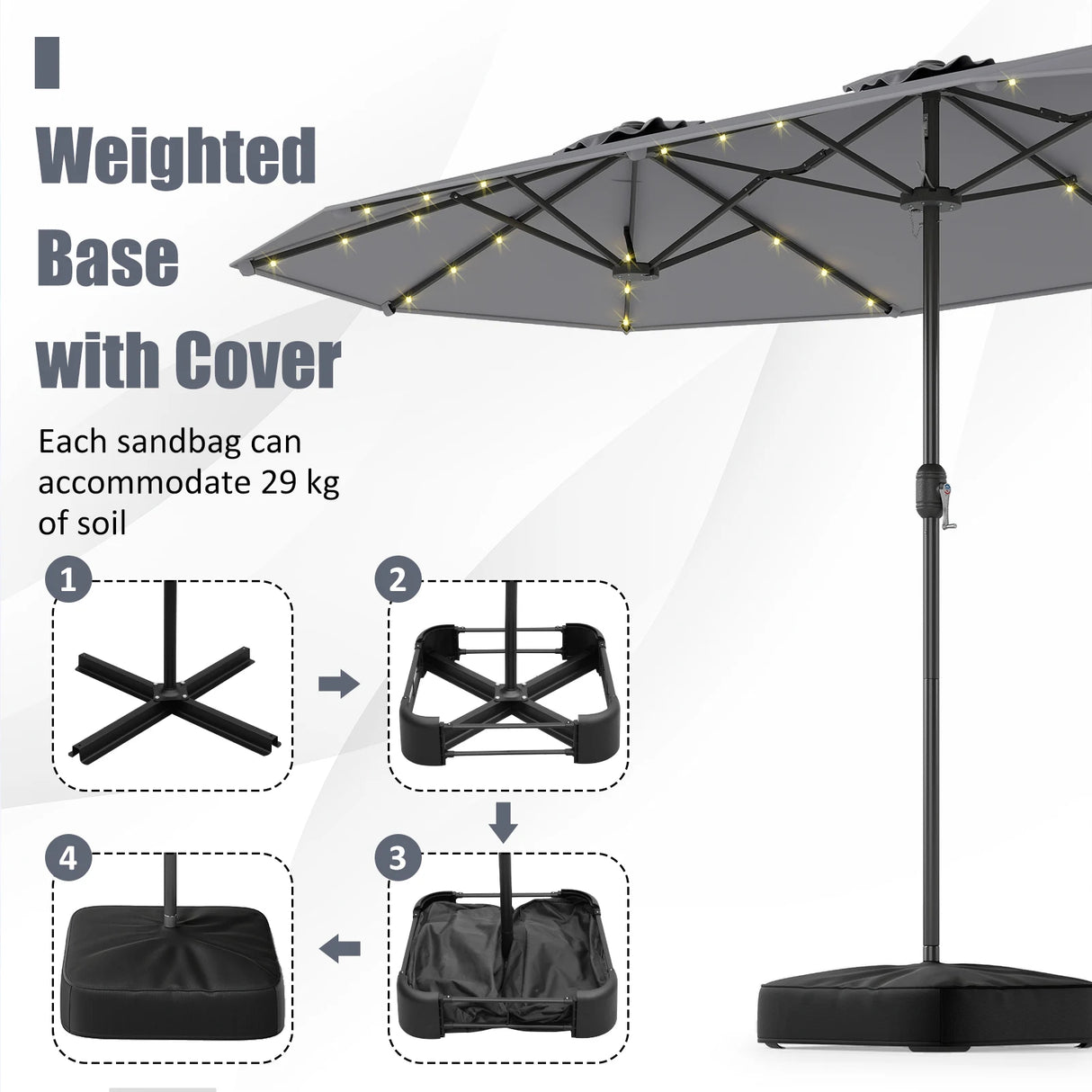 393 cm Double-Sided Patio Umbrella with Base and Solar Lights-Grey