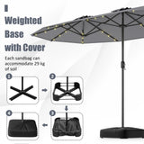 393 cm Double-Sided Patio Umbrella with Base and Solar Lights-Grey