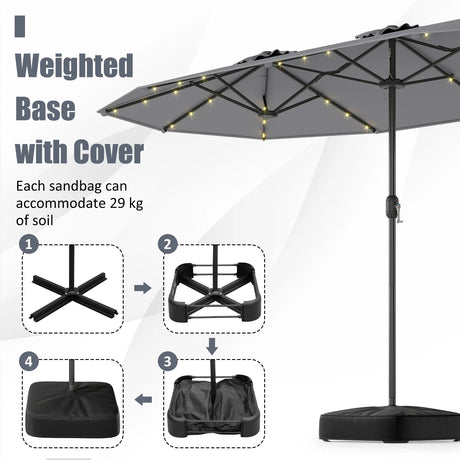 393 cm Double-Sided Patio Umbrella with Base and Solar Lights-Grey