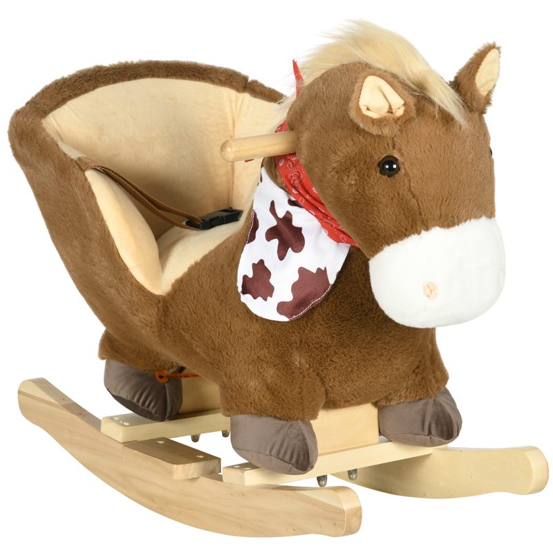 HOMCOM Kids Rocking Horse, with Safety Harness, Sounds, Foot Pedals - Brown