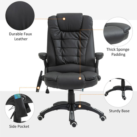HOMCOM 6-Point Massage Office Chair with Seat Heated for Home Office, PU Leather High Back Executive Desk Chair with Adjustable Height and 360 Swivel for Work Study, Black